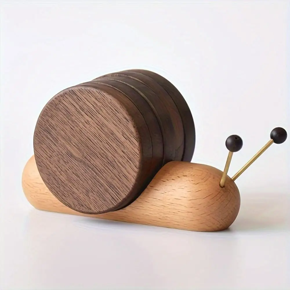 Cute Snail Shape Drink Coaster Set Walnut Wooden Heat Resistant Tea Cup Mat Magnetic Anti Slip Tea Tray Countertop