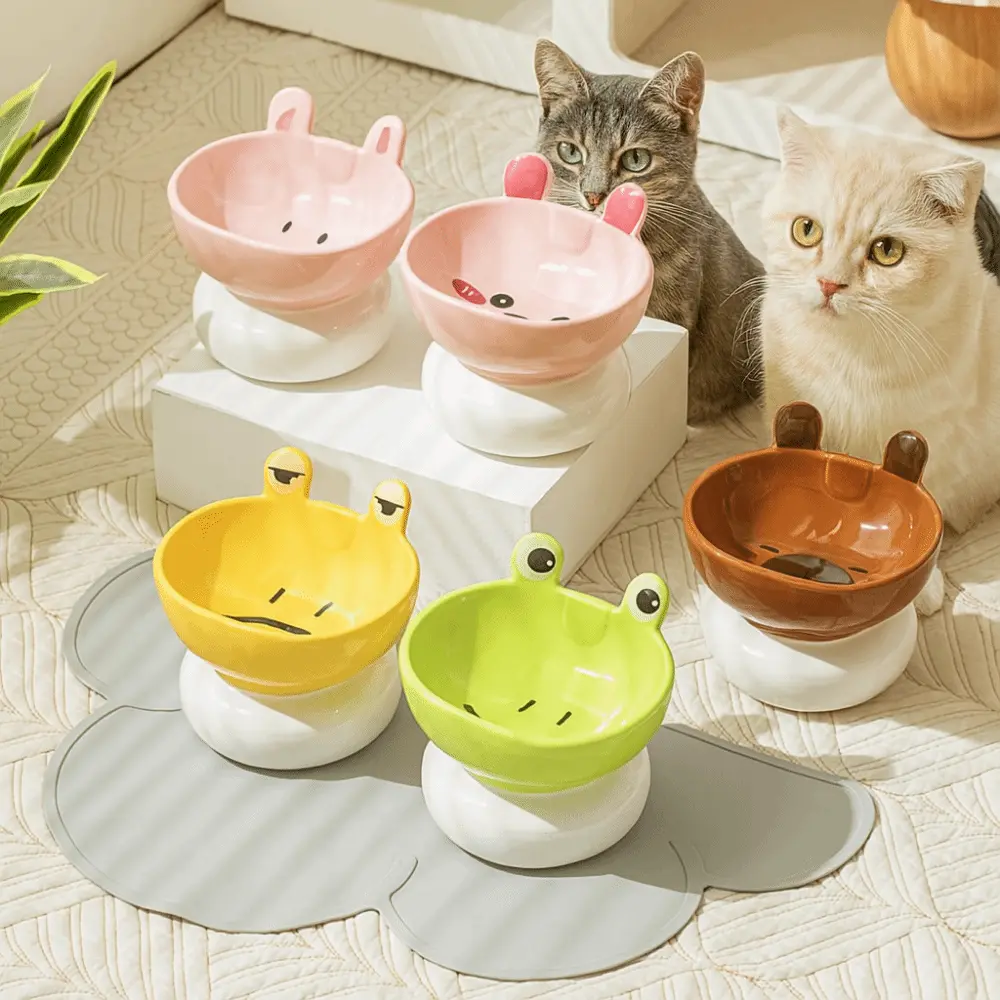 Food Dispenser Ceramic Cat Bowl Cute Anti Tipping Dog Food Feeding Basin Creative Non-slip Pet Drinking Feeder Neck Protection