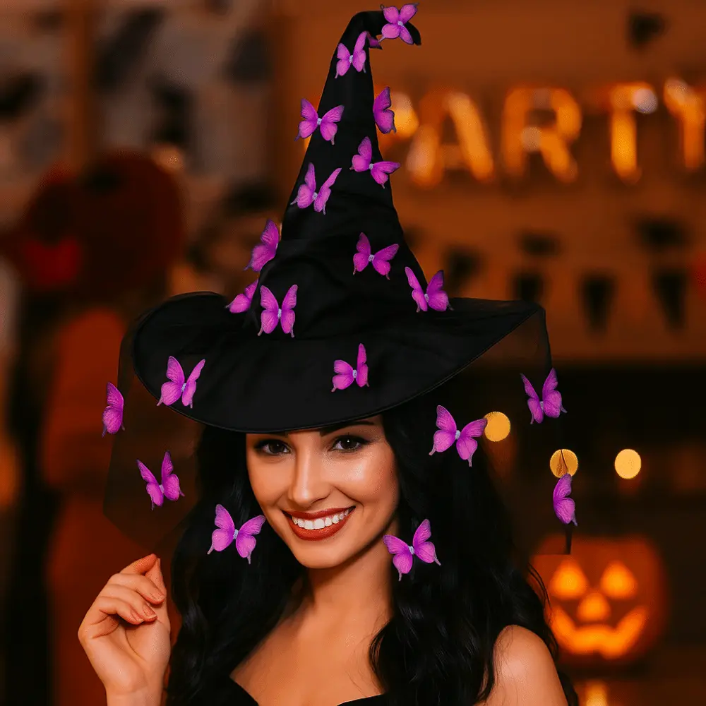 Funny Halloween Witch Hat Party Props Colorful Butterfly Wizard Cap Cosplay Accessories Halloween Cap with Veil