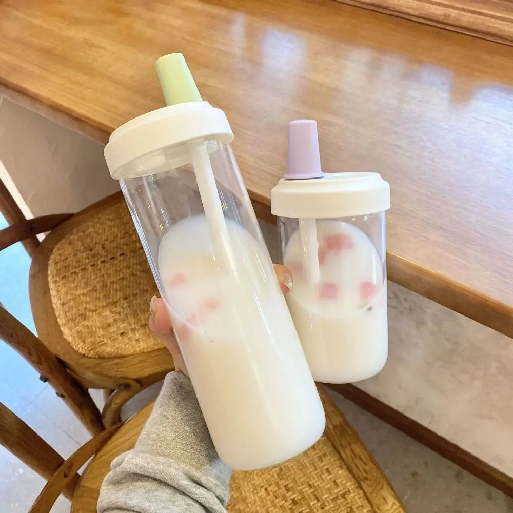500/850ml Milk Plastic Cup with Lid Straw Leakproof Water Straw Bottles Fall Prevention Portable Large Capacity Water Bottle