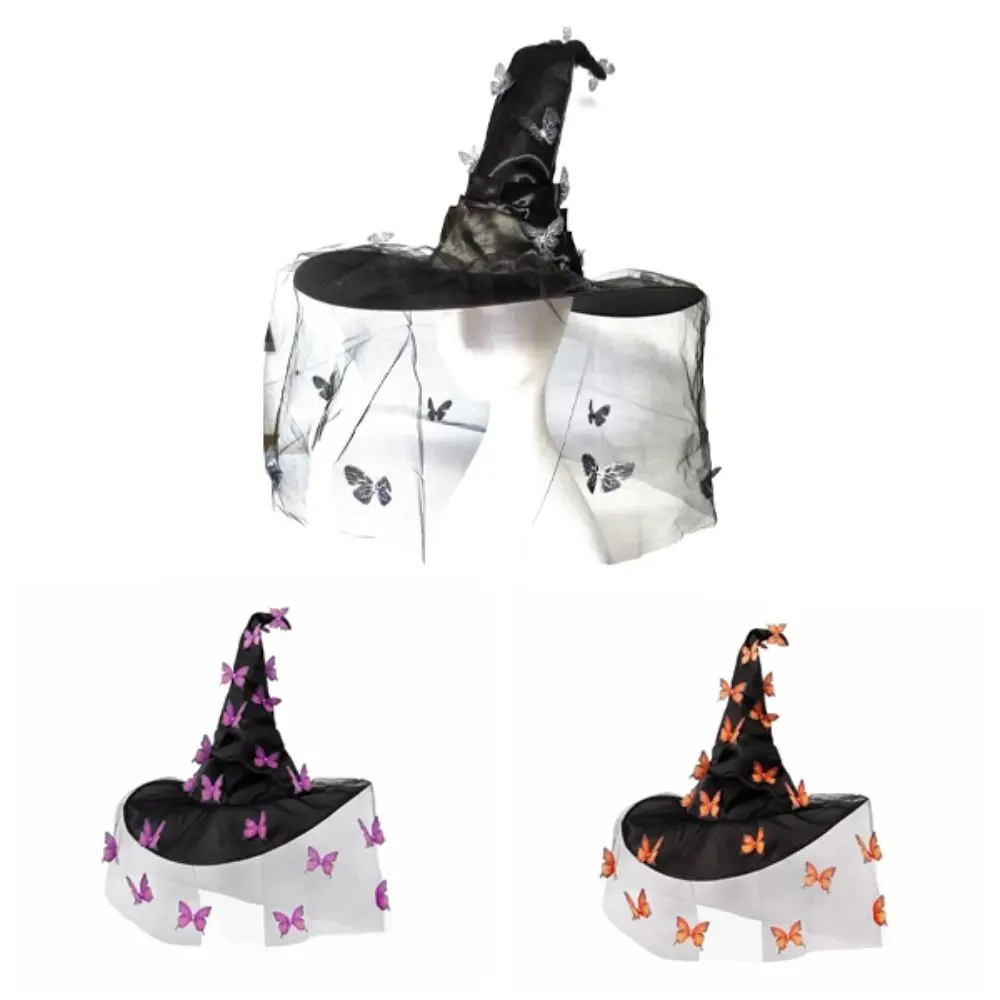 Funny Halloween Witch Hat Party Props Colorful Butterfly Wizard Cap Cosplay Accessories Halloween Cap with Veil