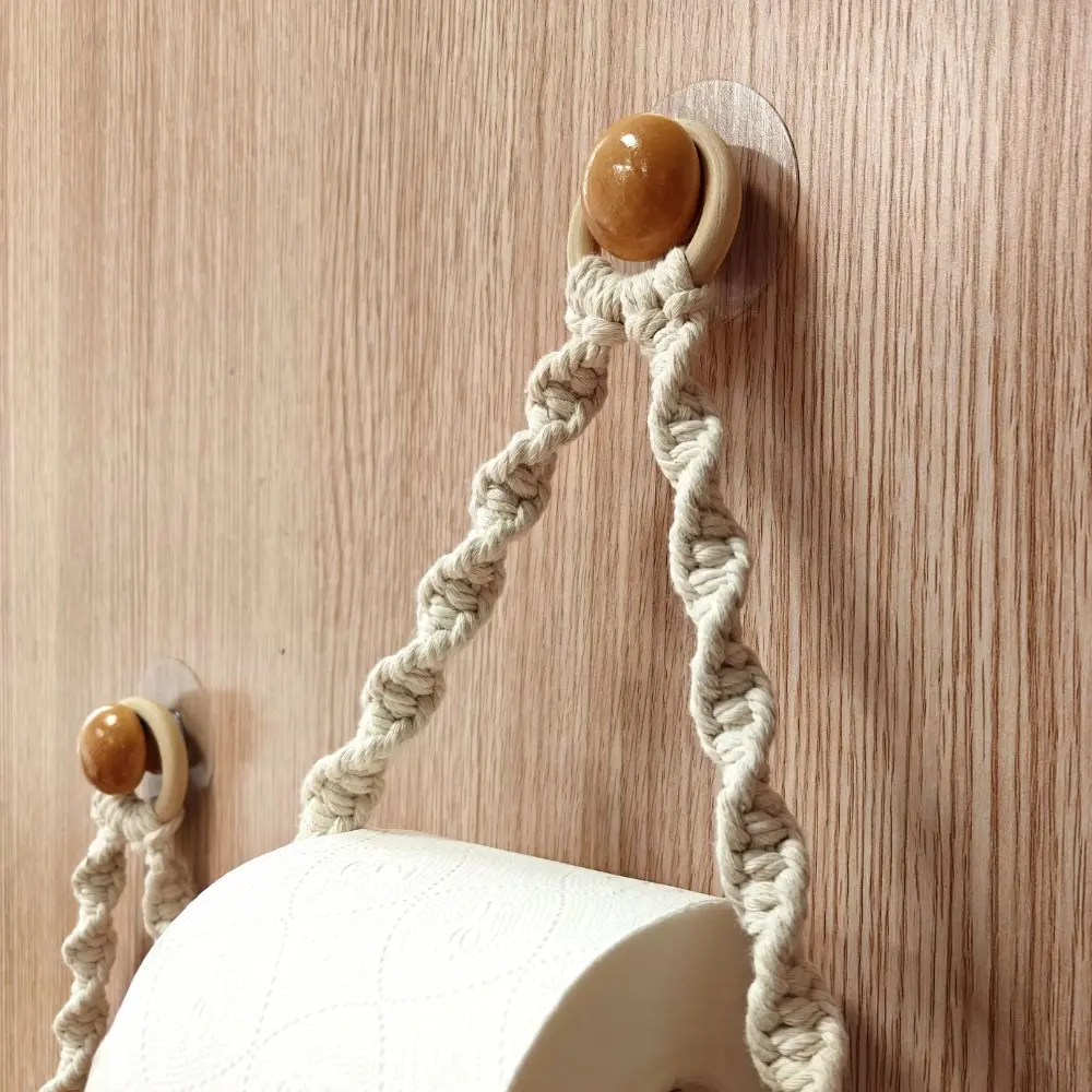 Nordic Style Bohemian Paper Towel Rack Bohemia Wall Hanging Toilet Tissue Holder Wooden Cotton Thread Hand-woven Paper Holder