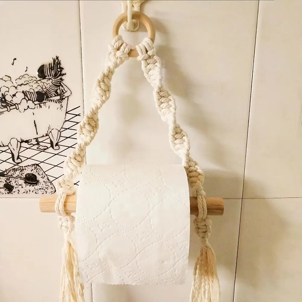 Nordic Style Bohemian Paper Towel Rack Bohemia Wall Hanging Toilet Tissue Holder Wooden Cotton Thread Hand-woven Paper Holder