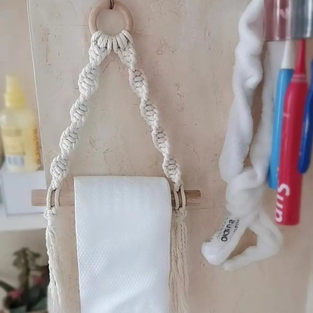 Nordic Style Bohemian Paper Towel Rack Bohemia Wall Hanging Toilet Tissue Holder Wooden Cotton Thread Hand-woven Paper Holder