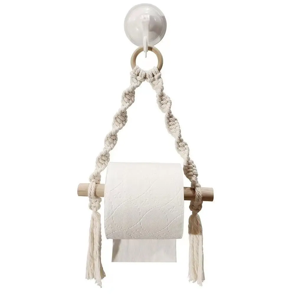 Nordic Style Bohemian Paper Towel Rack Bohemia Wall Hanging Toilet Tissue Holder Wooden Cotton Thread Hand-woven Paper Holder