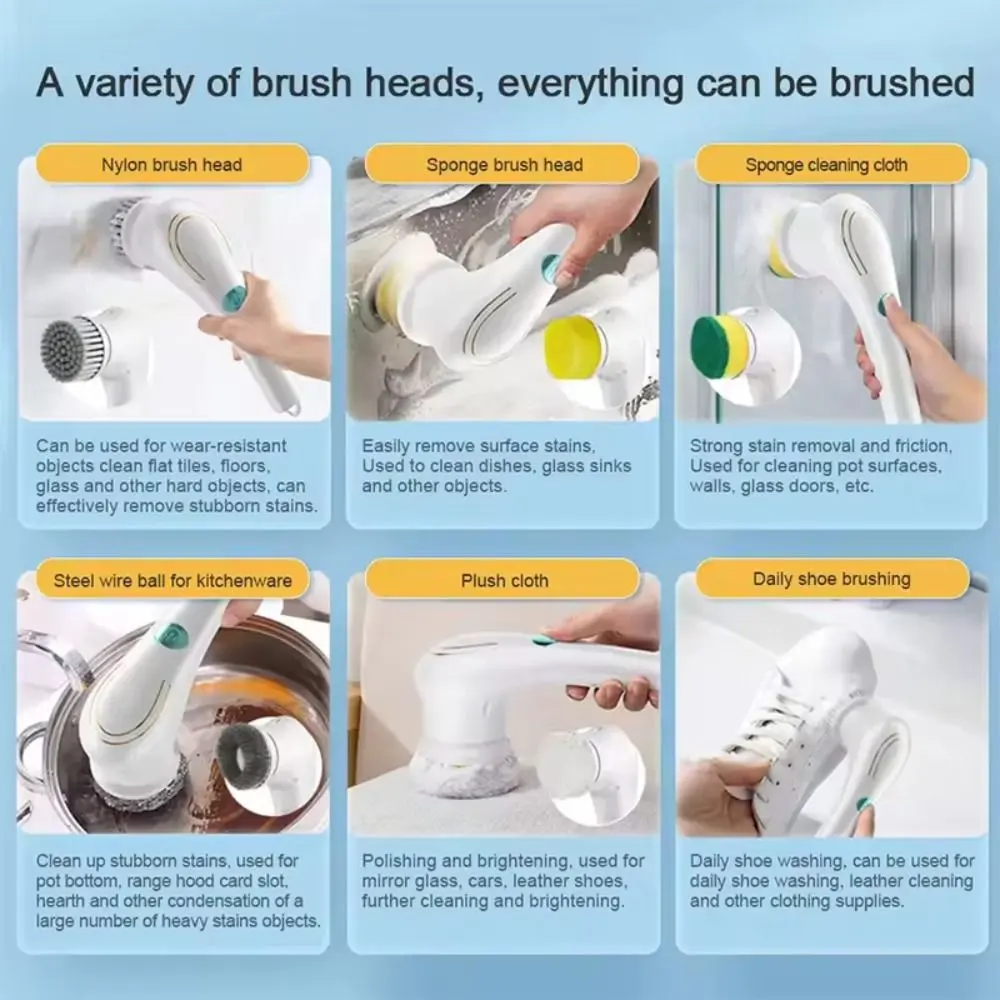 5Pcs Set 5 in 1 Electric Cleaning Brush Handheld with 5 Replaceable Heads Power Spin Scrubber 360 Degree Rotation