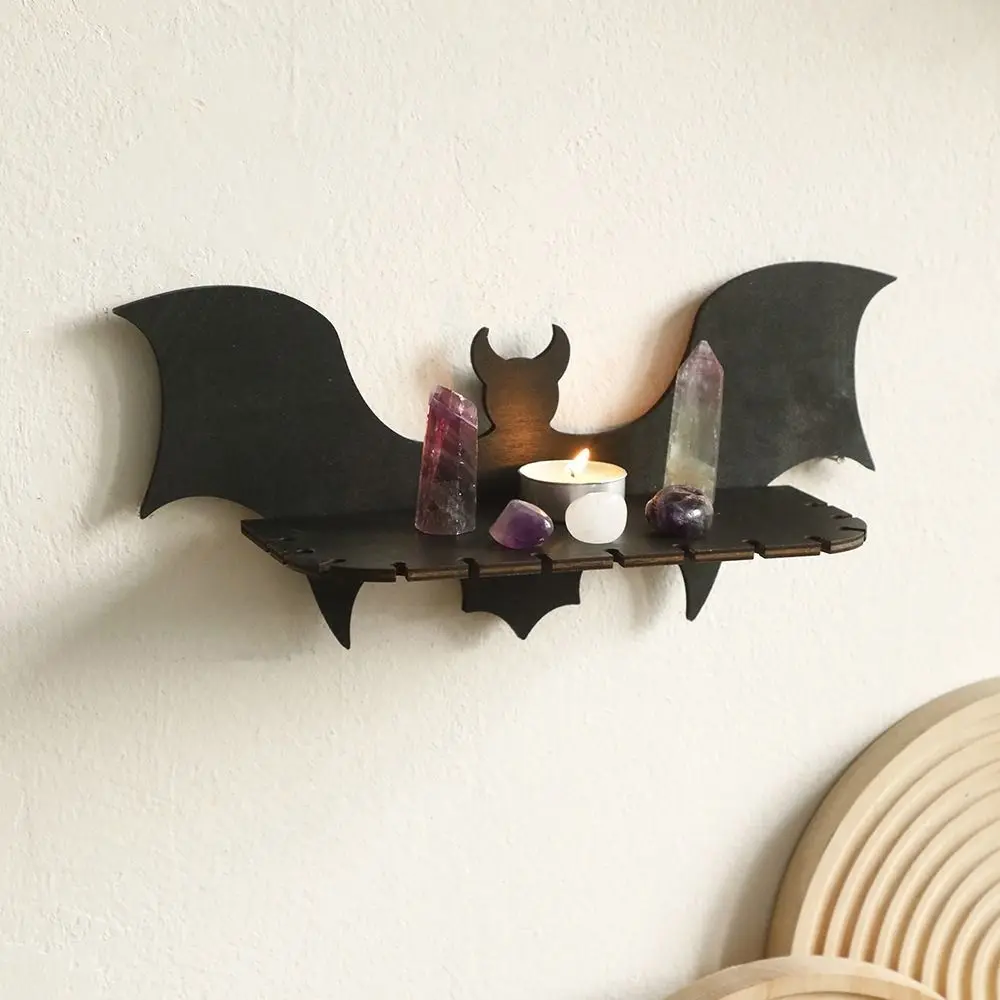 Creative Wooden Floating Shelves Black Practical Bat Wall Shelves Reusable Bat-shaped Gothic Halloween Shelf