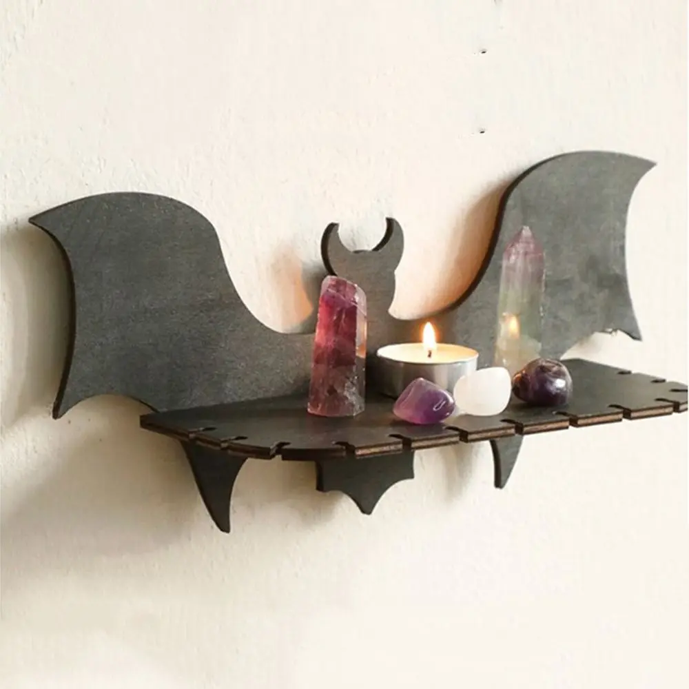 Creative Wooden Floating Shelves Black Practical Bat Wall Shelves Reusable Bat-shaped Gothic Halloween Shelf