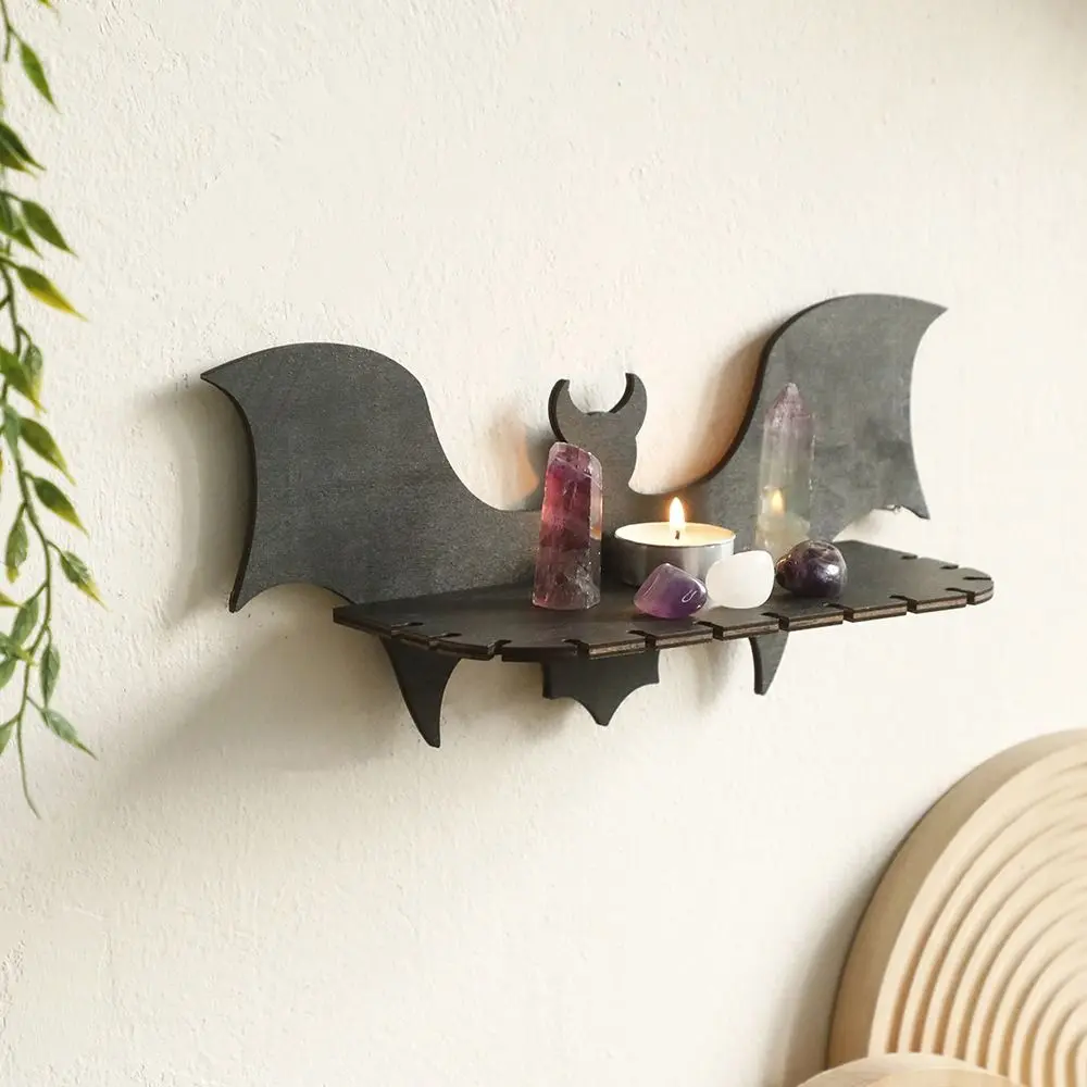 Creative Wooden Floating Shelves Black Practical Bat Wall Shelves Reusable Bat-shaped Gothic Halloween Shelf