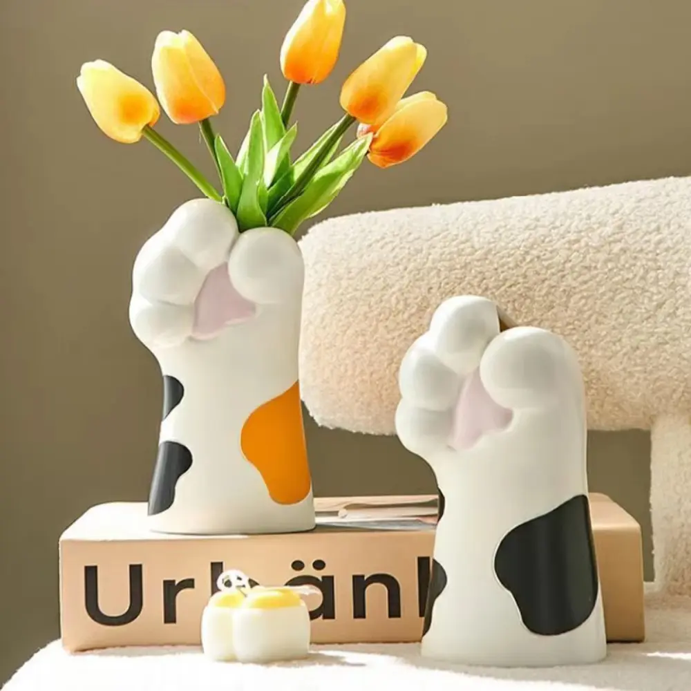 Leak-Proof Resin Crafts Cat Claw Flower Vase Handmade Cute Desktop Plants Pot Painted Cat Claw Holder Flower Arrangement