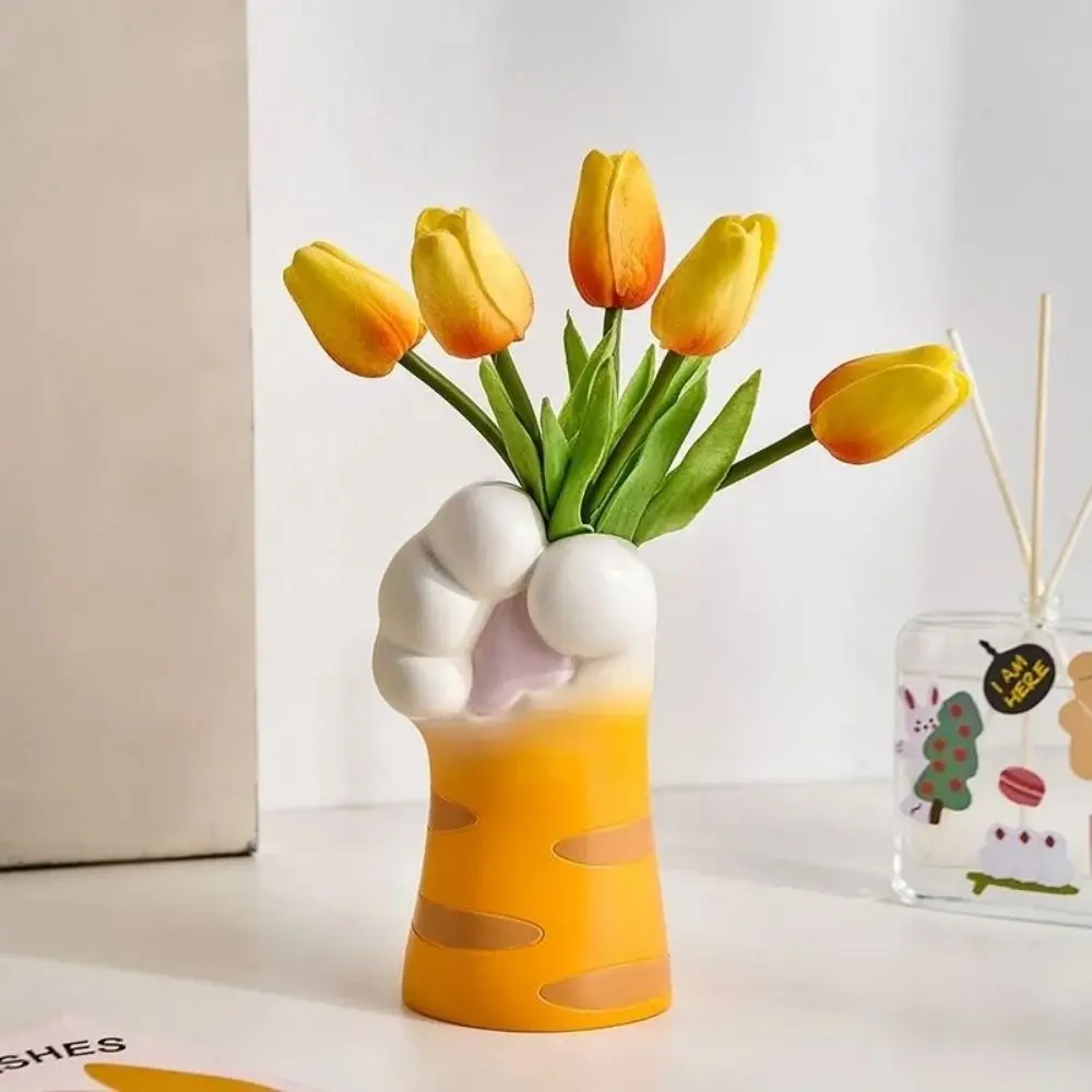 Leak-Proof Resin Crafts Cat Claw Flower Vase Handmade Cute Desktop Plants Pot Painted Cat Claw Holder Flower Arrangement