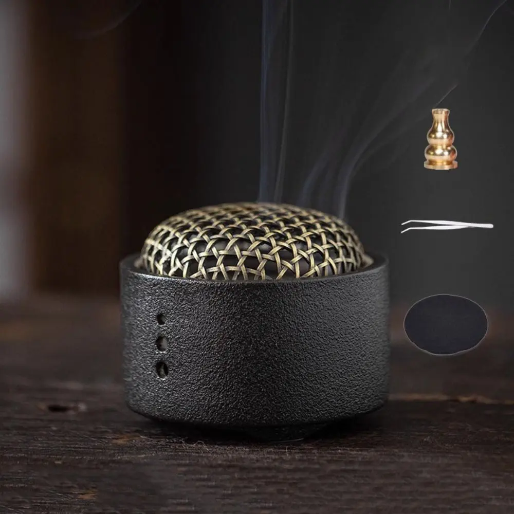 Antique Style Ceramics Line Incense Burner Small with Lid Sandalwood Agarwood Stove Retro Creative Incense Censer Camping Garden