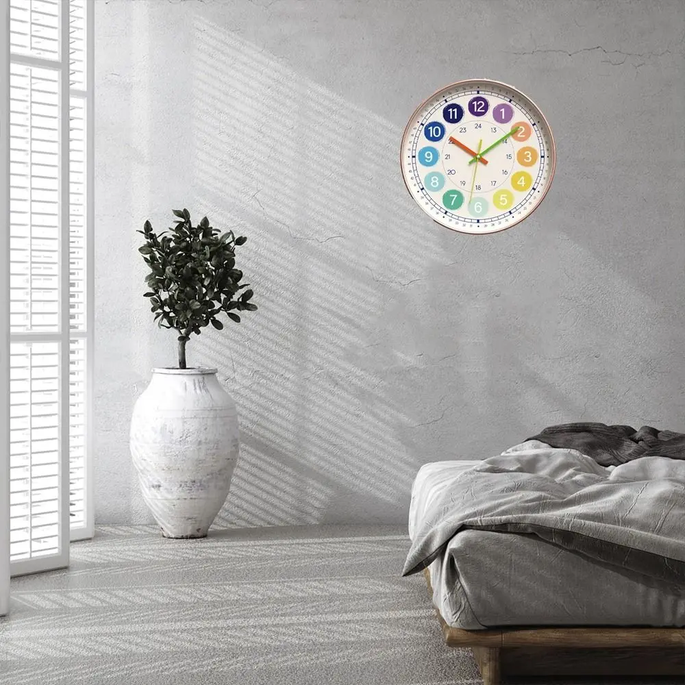 Round Early Education Wall Clock Mute Punch-free Electronic Color Clock Digital Pattern Learning Wall Hanging Clock Home