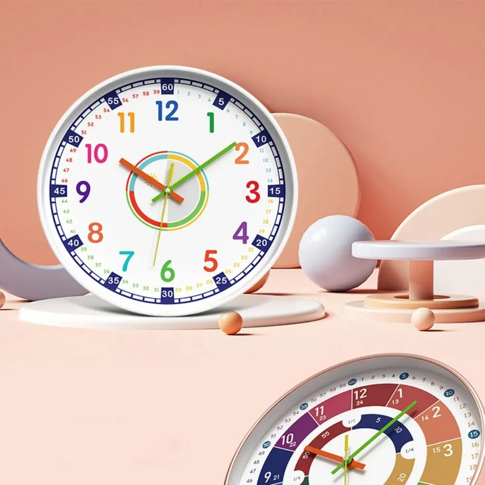 Round Early Education Wall Clock Mute Punch-free Electronic Color Clock Digital Pattern Learning Wall Hanging Clock Home