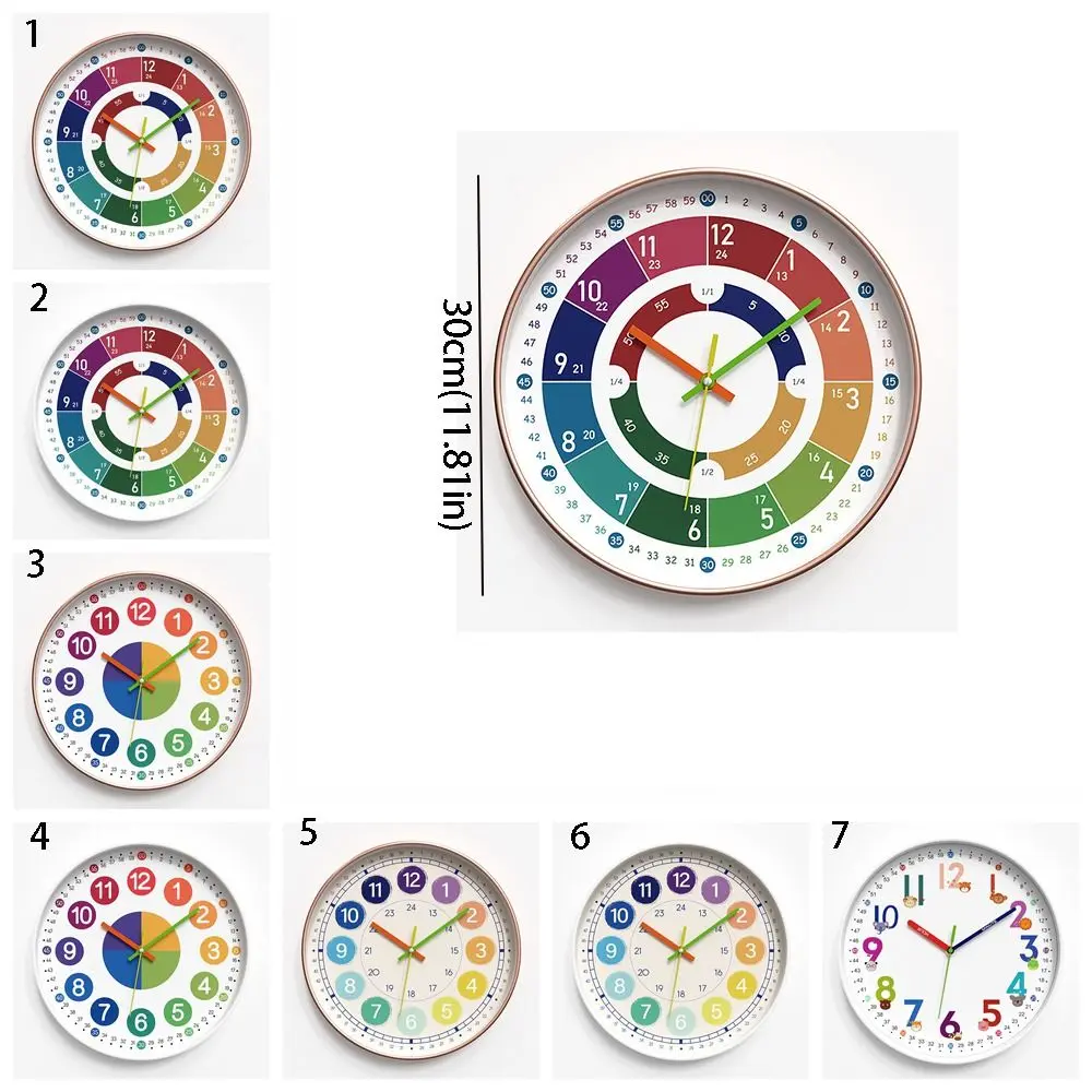 Round Early Education Wall Clock Mute Punch-free Electronic Color Clock Digital Pattern Learning Wall Hanging Clock Home