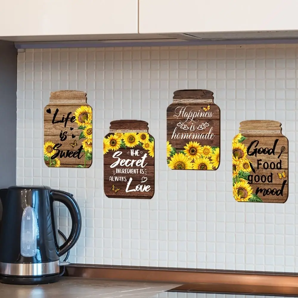 Self-Adhesive Sunflower Wall Sticker Mason Jar Shape Inspirational English Decorative Painting Rustic Plaque Wooden Signs
