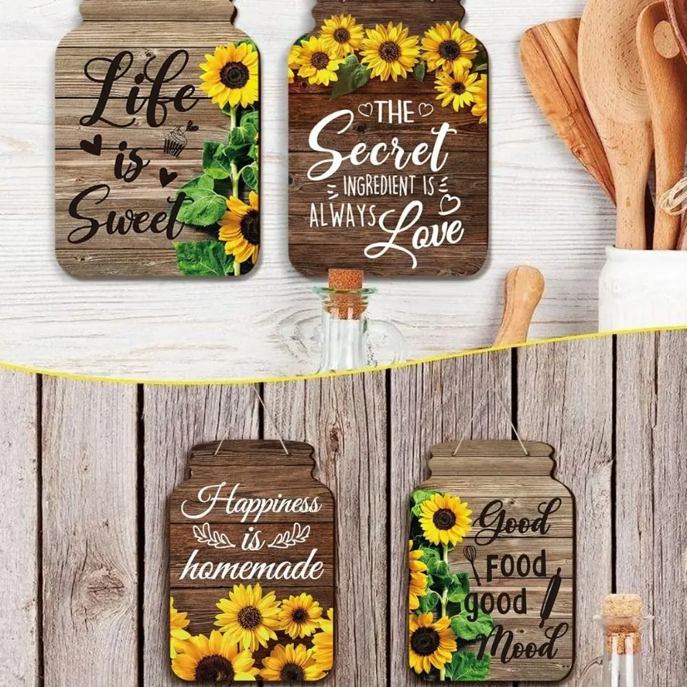 Self-Adhesive Sunflower Wall Sticker Mason Jar Shape Inspirational English Decorative Painting Rustic Plaque Wooden Signs