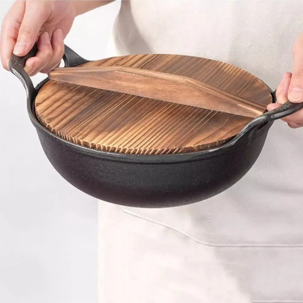 Household With Wood Lid Cast Iron Pot No Coating Binaural Handle Stew Pot Non Stick Japanese Style Soup Pot Home Use