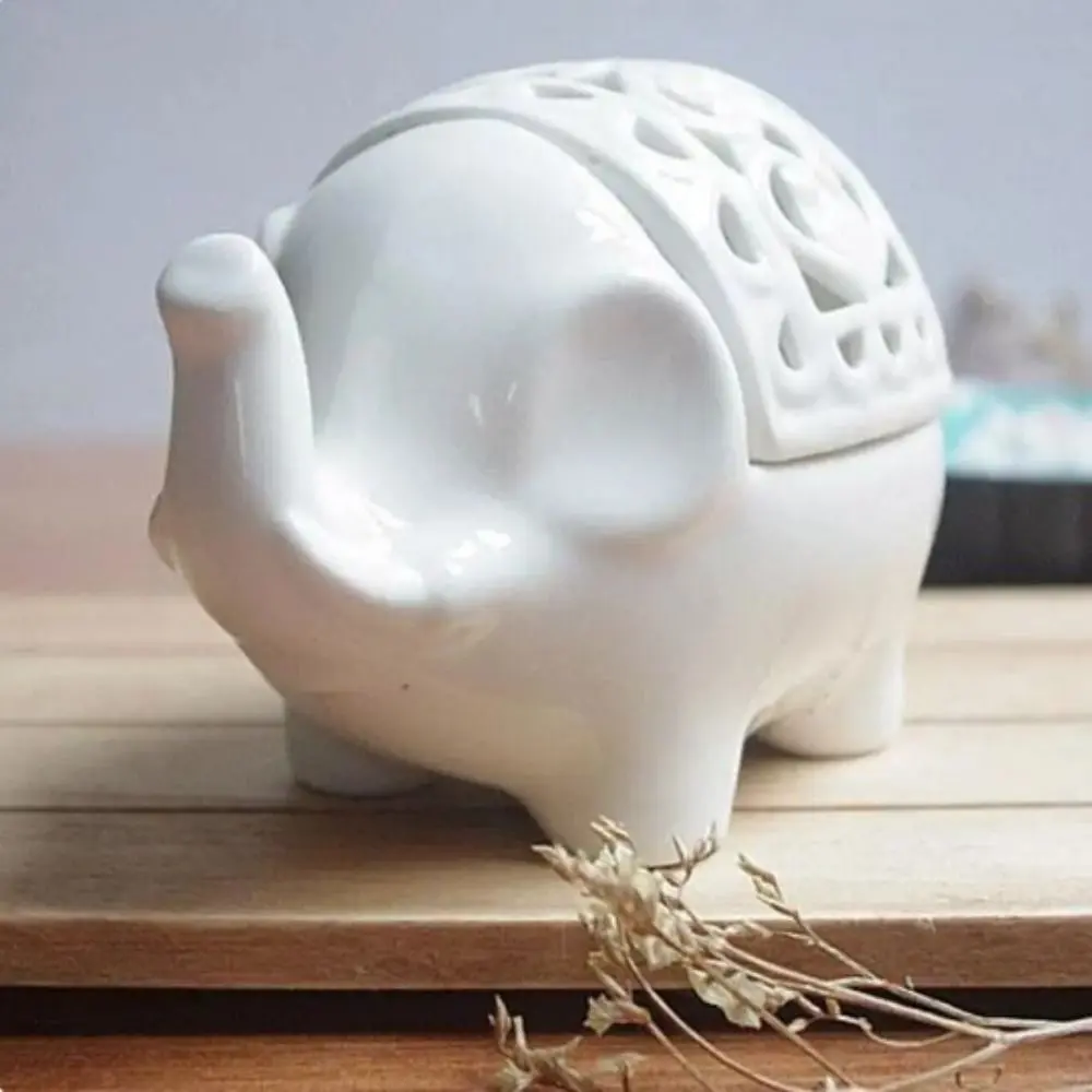 White Hollow Elephant Candle Holder Elephant Windproof Elephant Incense Tray Hollow Cover Little Ceramic Aromatherapy Ornament
