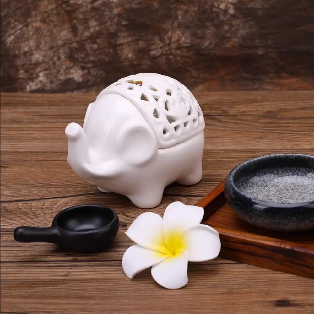White Hollow Elephant Candle Holder Elephant Windproof Elephant Incense Tray Hollow Cover Little Ceramic Aromatherapy Ornament