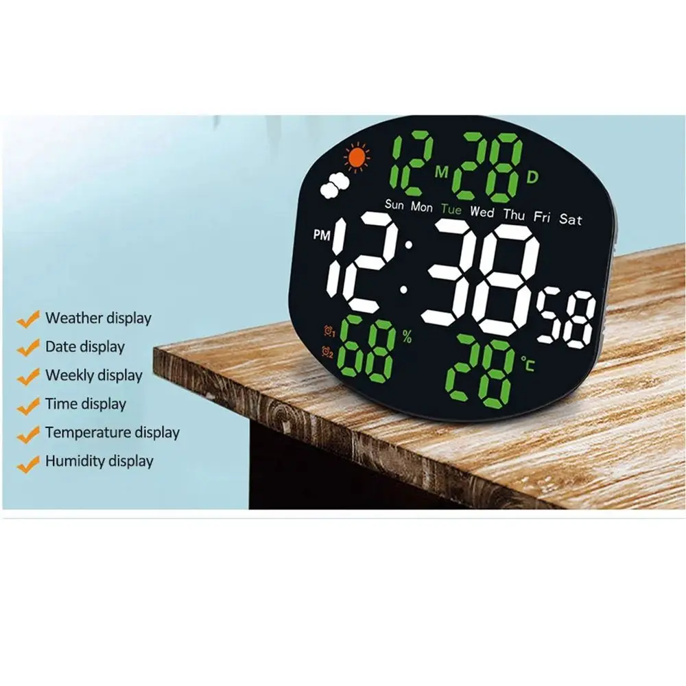 Multi-functional Large Display Digital Clock Mirrored Auto Dimming Wall-mounted Electronic Clock Remote Control Standing/Hanging