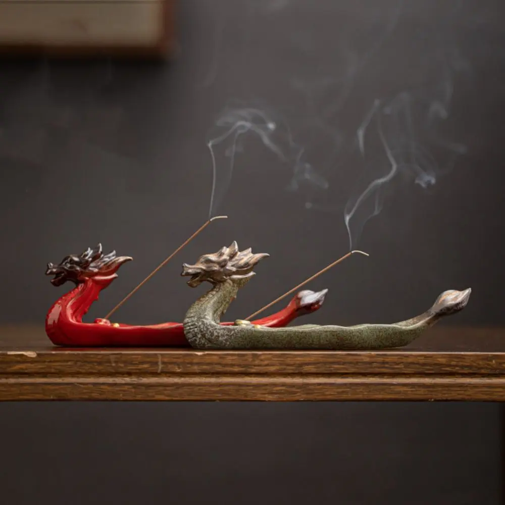 Dragon Boat Shape Incense Burner Ceramics Antique Incense Tray Chinese Style Handcraft Line Incense Insertion Seat Office