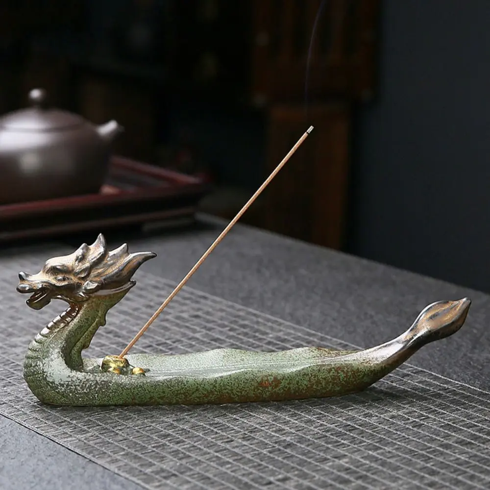 Dragon Boat Shape Incense Burner Ceramics Antique Incense Tray Chinese Style Handcraft Line Incense Insertion Seat Office