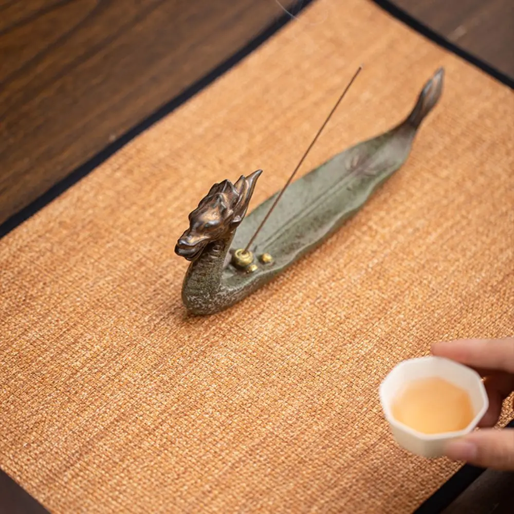 Dragon Boat Shape Incense Burner Ceramics Antique Incense Tray Chinese Style Handcraft Line Incense Insertion Seat Office