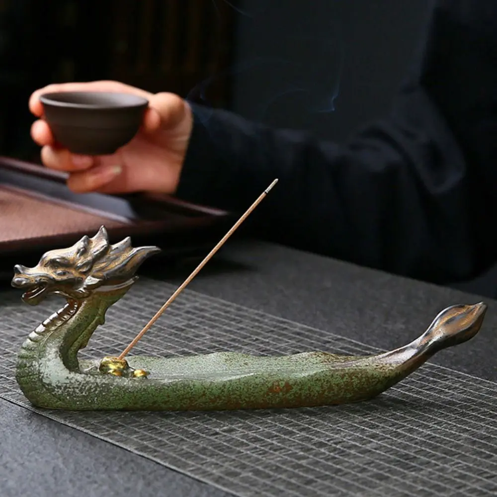 Dragon Boat Shape Incense Burner Ceramics Antique Incense Tray Chinese Style Handcraft Line Incense Insertion Seat Office