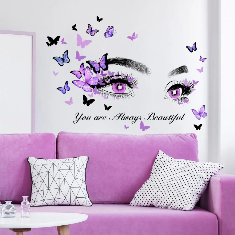 Elegant Purple Series Butterfly Wall Stickers PVC English Slogan Purple Eyes Decal Butterfly Self Adhesiv Bedroom