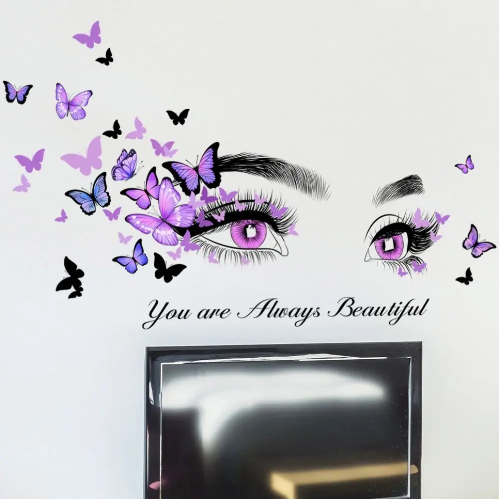 Elegant Purple Series Butterfly Wall Stickers PVC English Slogan Purple Eyes Decal Butterfly Self Adhesiv Bedroom