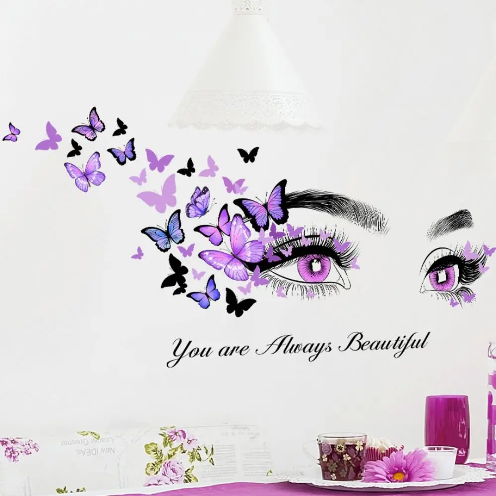 Elegant Purple Series Butterfly Wall Stickers PVC English Slogan Purple Eyes Decal Butterfly Self Adhesiv Bedroom