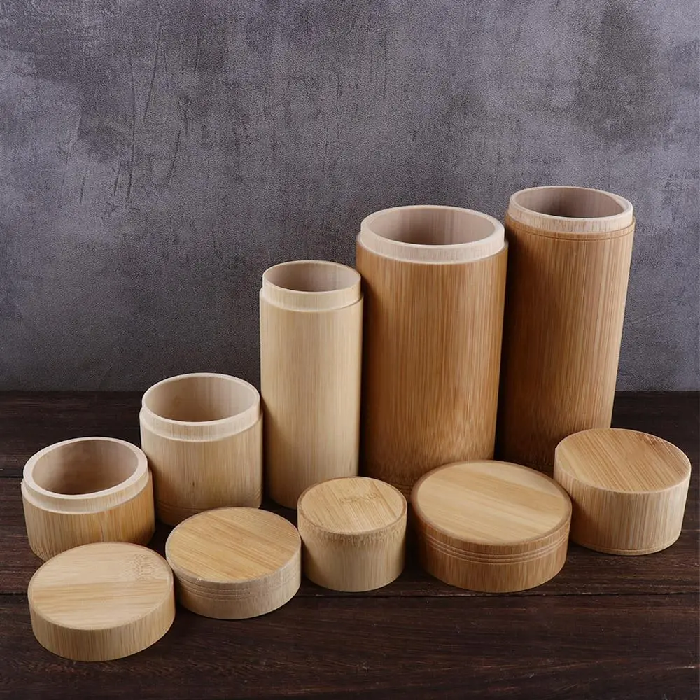 Round Natural Bottle Jar Bamboo Handmade Container Storage Box Organizer Tea Canister