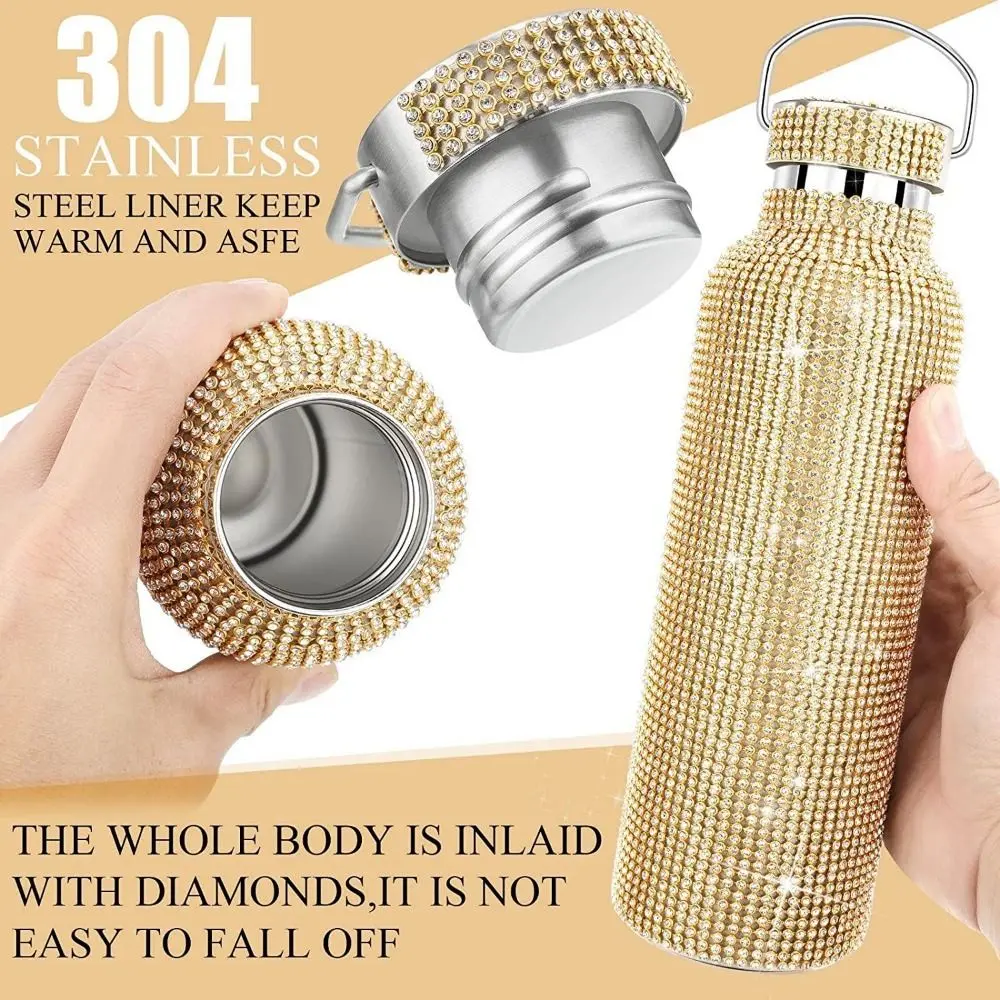 Thermal Rhinestone Water Bottle Chain Stainless Steel Glitter Tumbler Leak-Proof Removable Carrying Strap Sparkling Thermoses