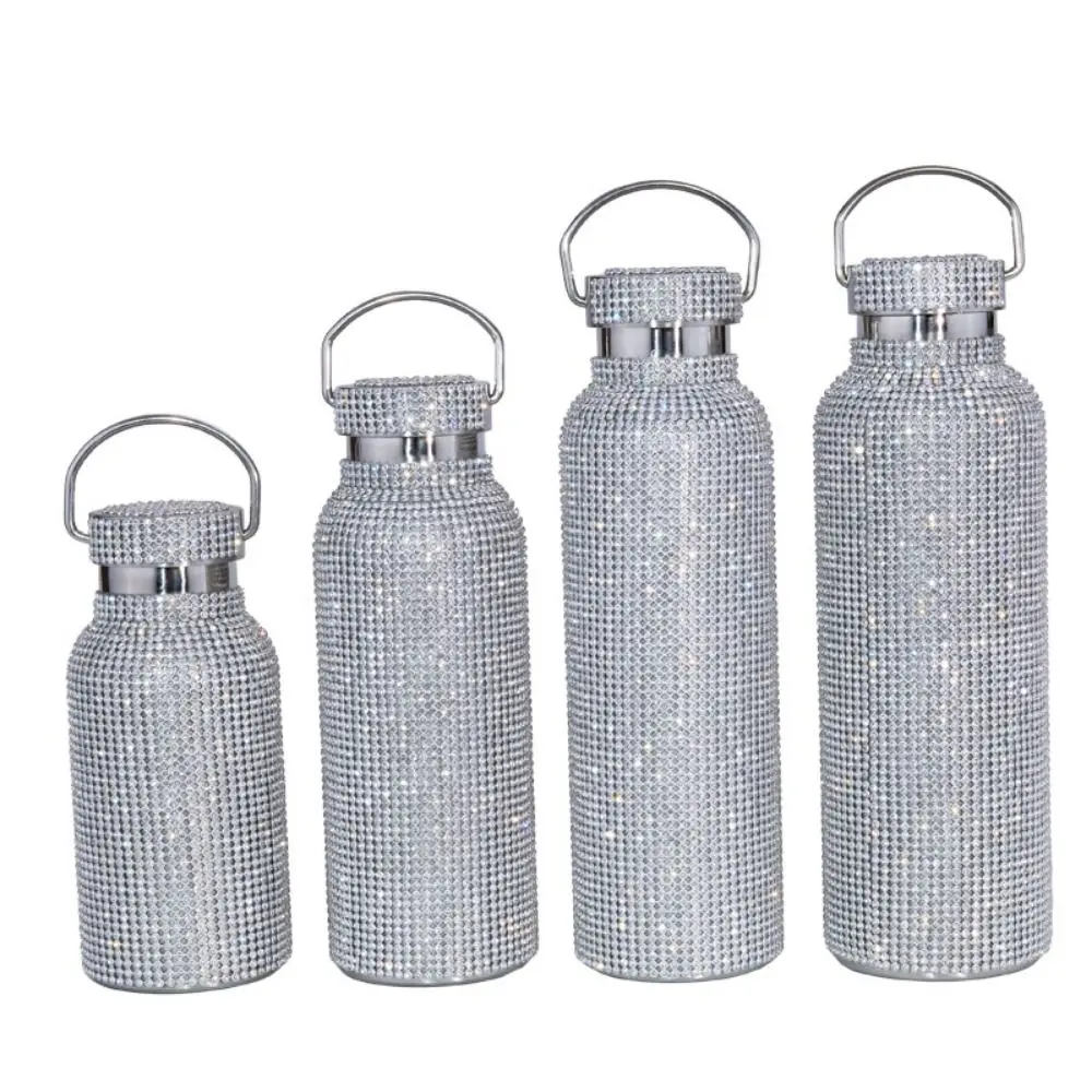 Thermal Rhinestone Water Bottle Chain Stainless Steel Glitter Tumbler Leak-Proof Removable Carrying Strap Sparkling Thermoses