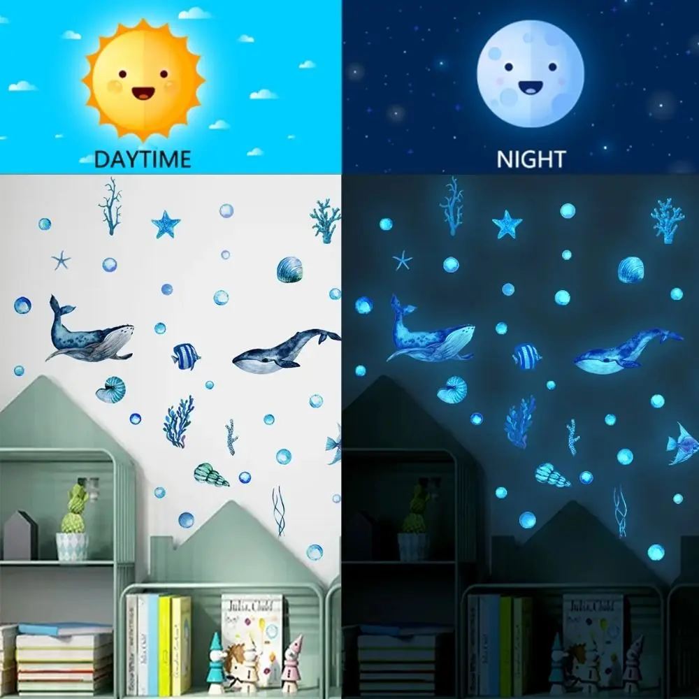 Sea World Art Mural Glow-in-the-dark Blue Jellyfish Sea Animal Wallpaper Glow Stickers Luminous Sticker Nightlight Decal