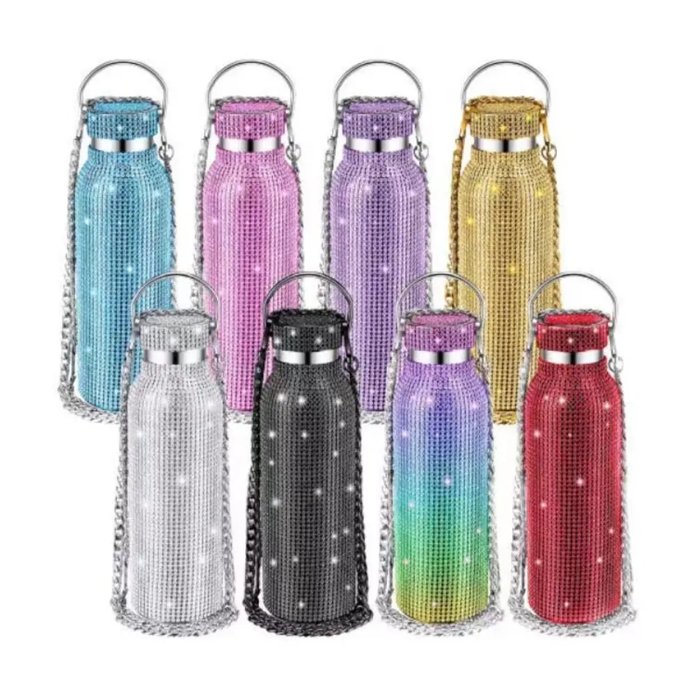 Thermal Rhinestone Water Bottle Chain Stainless Steel Glitter Tumbler Leak-Proof Removable Carrying Strap Sparkling Thermoses
