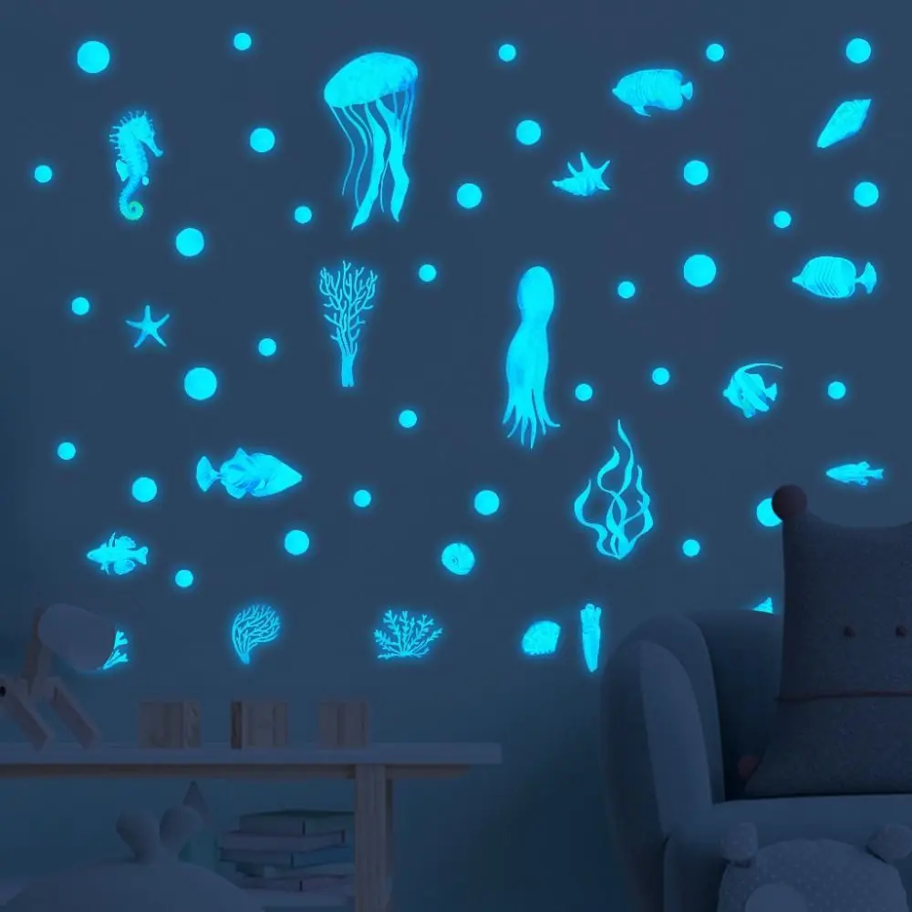 Sea World Art Mural Glow-in-the-dark Blue Jellyfish Sea Animal Wallpaper Glow Stickers Luminous Sticker Nightlight Decal