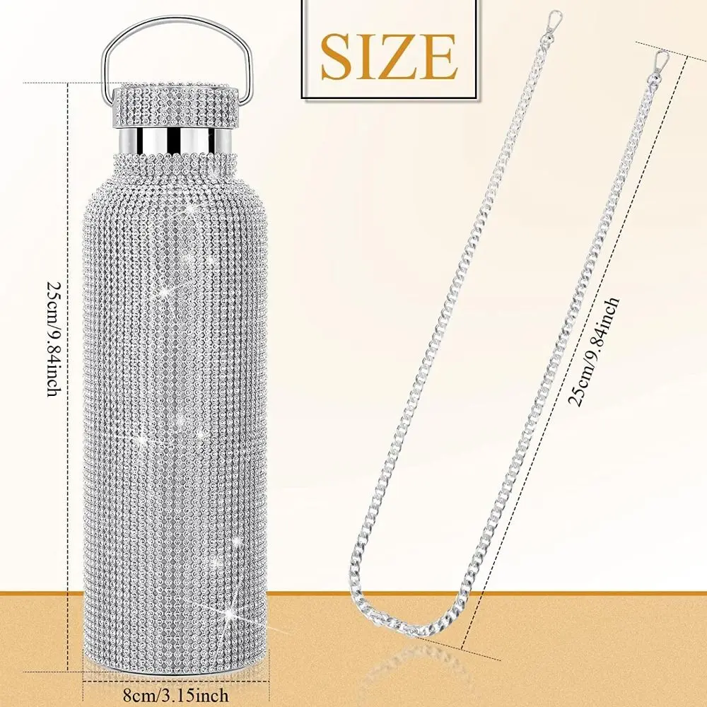 Thermal Rhinestone Water Bottle Chain Stainless Steel Glitter Tumbler Leak-Proof Removable Carrying Strap Sparkling Thermoses
