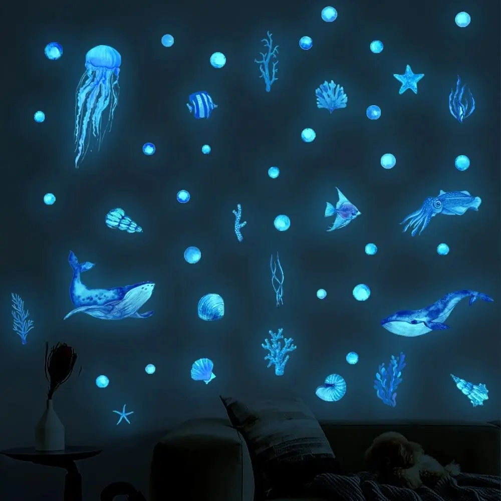 Sea World Art Mural Glow-in-the-dark Blue Jellyfish Sea Animal Wallpaper Glow Stickers Luminous Sticker Nightlight Decal
