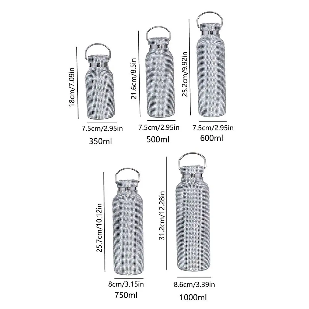 Thermal Rhinestone Water Bottle Chain Stainless Steel Glitter Tumbler Leak-Proof Removable Carrying Strap Sparkling Thermoses