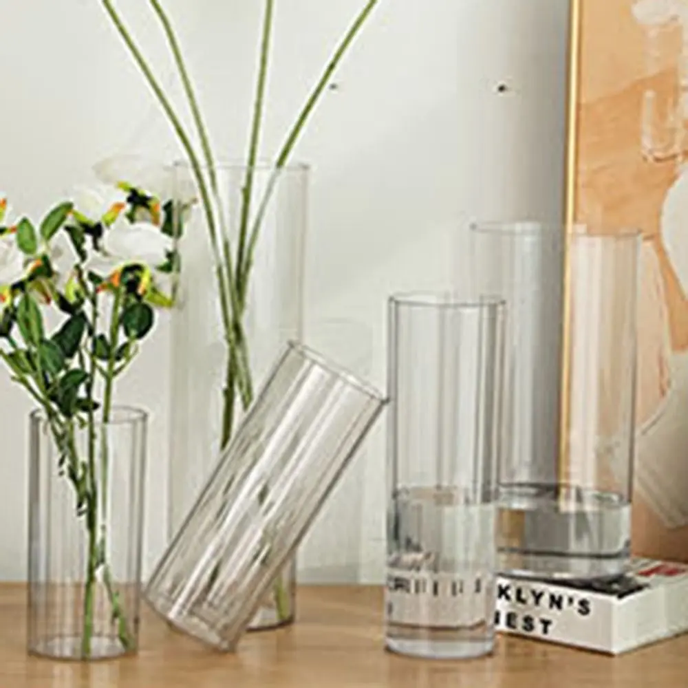 Shatterproof Acrylic Cylinder Vase Striped Style Modern Transparent Flower Vase Durable Simple Awakening Flower Bucket Home