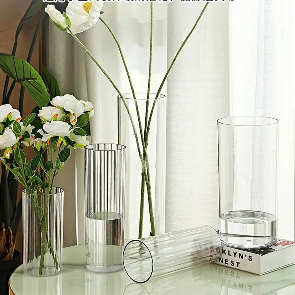 Shatterproof Acrylic Cylinder Vase Striped Style Modern Transparent Flower Vase Durable Simple Awakening Flower Bucket Home