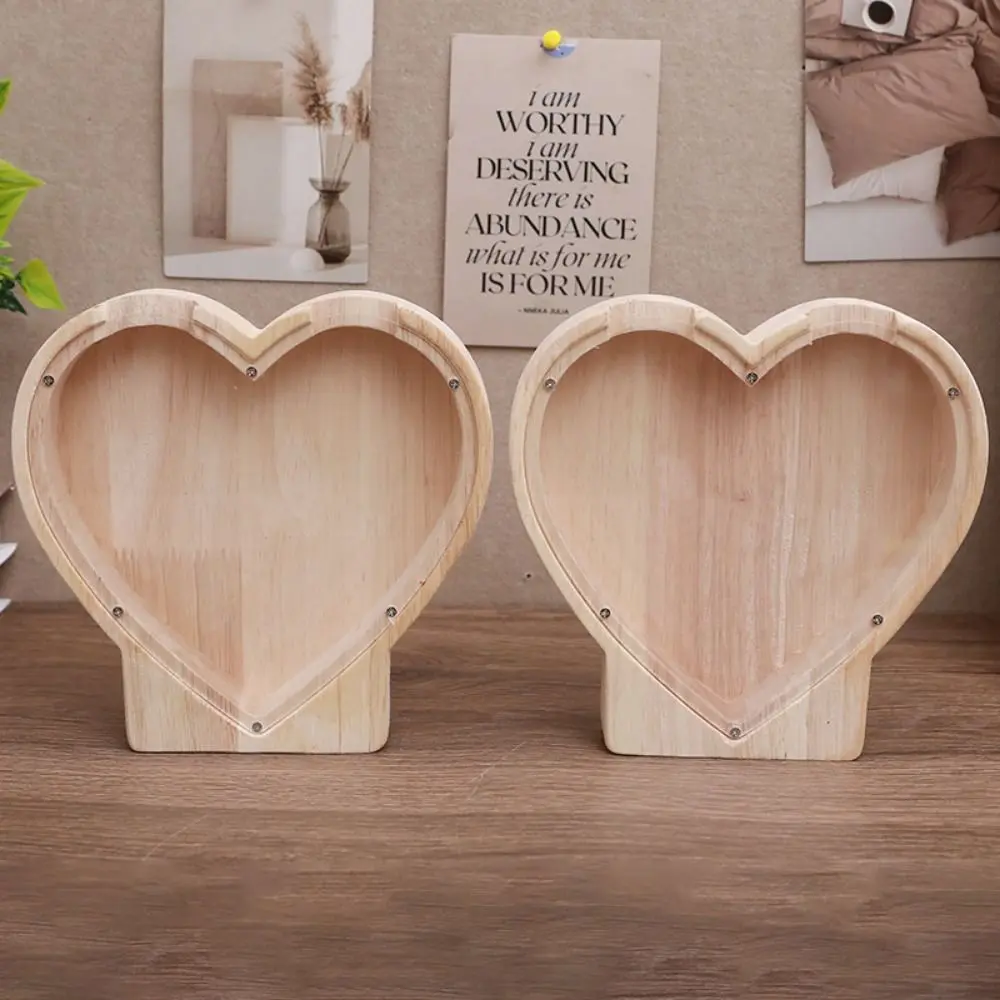 Practical Heart Shaped Heart-shaped Piggy Bank Clear Wooden Wooden Saving Box Fashion Wooden Crafts Ornament Children/Adult