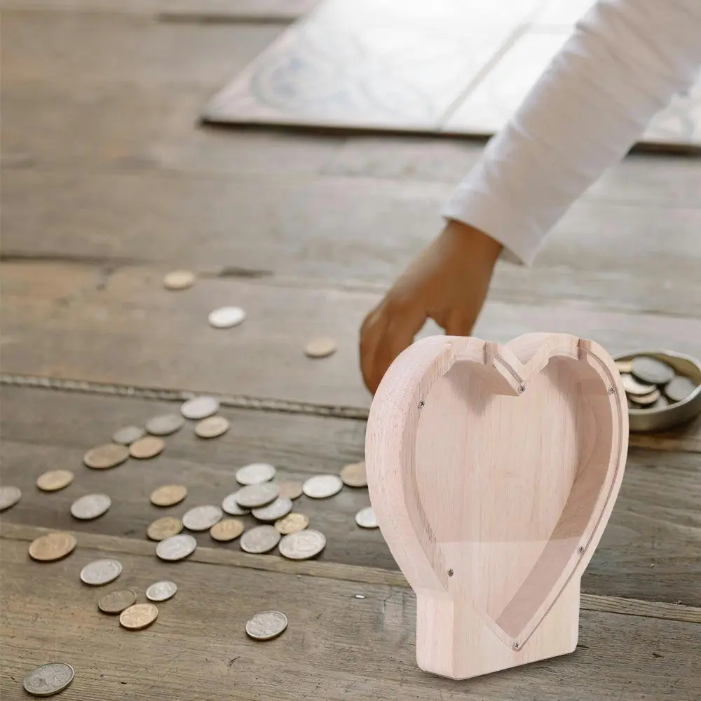 Practical Heart Shaped Heart-shaped Piggy Bank Clear Wooden Wooden Saving Box Fashion Wooden Crafts Ornament Children/Adult
