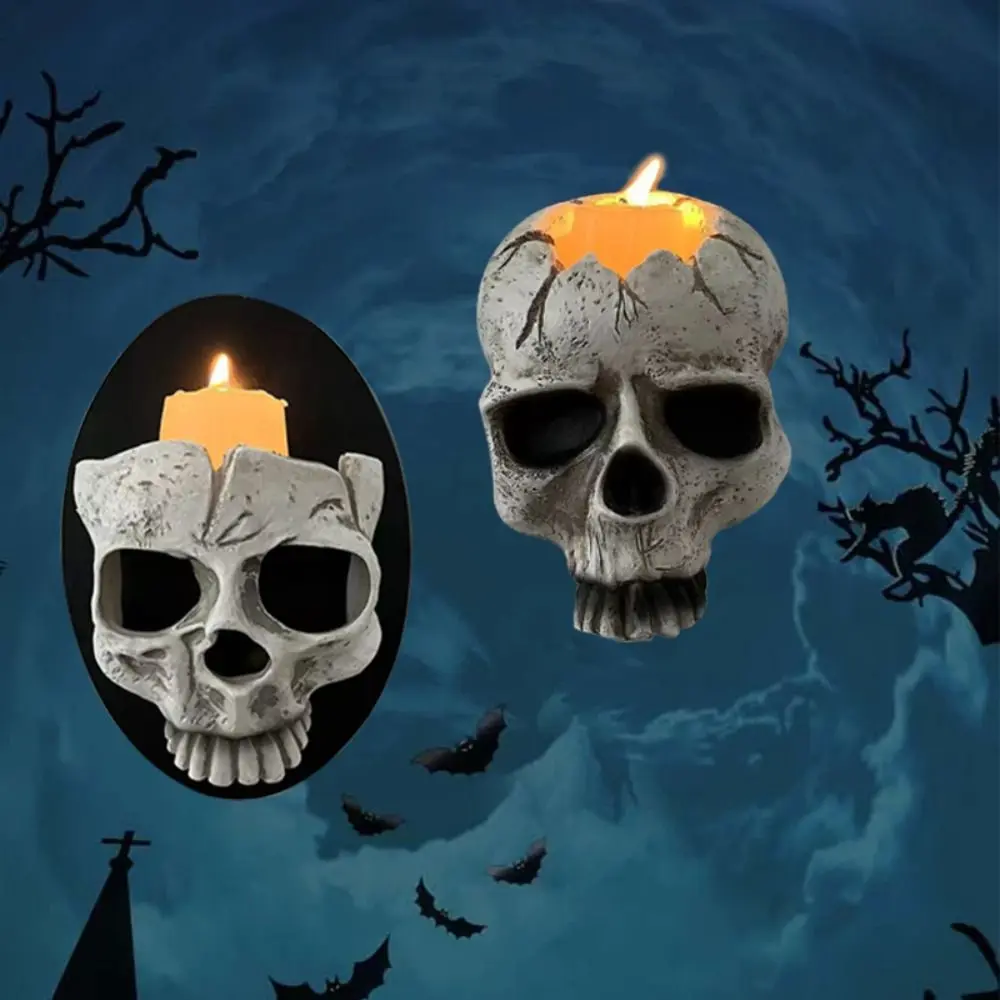Reusable Gothic Halloween Skull Head Candle Holder Wall Mount Resin Skull Head Candlestick Scary Skull Head Wall Lamp Outdoor