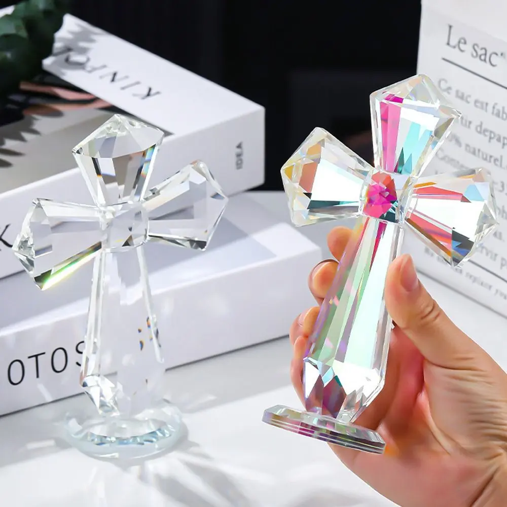 Hand-carved AB Color Crystal Cross Ornament Handmade Standing Christian Cross Crafts Exquisite Crosses Figurine Christian Decor