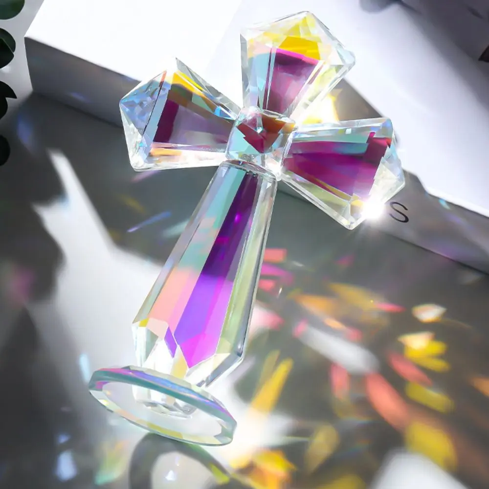 Hand-carved AB Color Crystal Cross Ornament Handmade Standing Christian Cross Crafts Exquisite Crosses Figurine Christian Decor