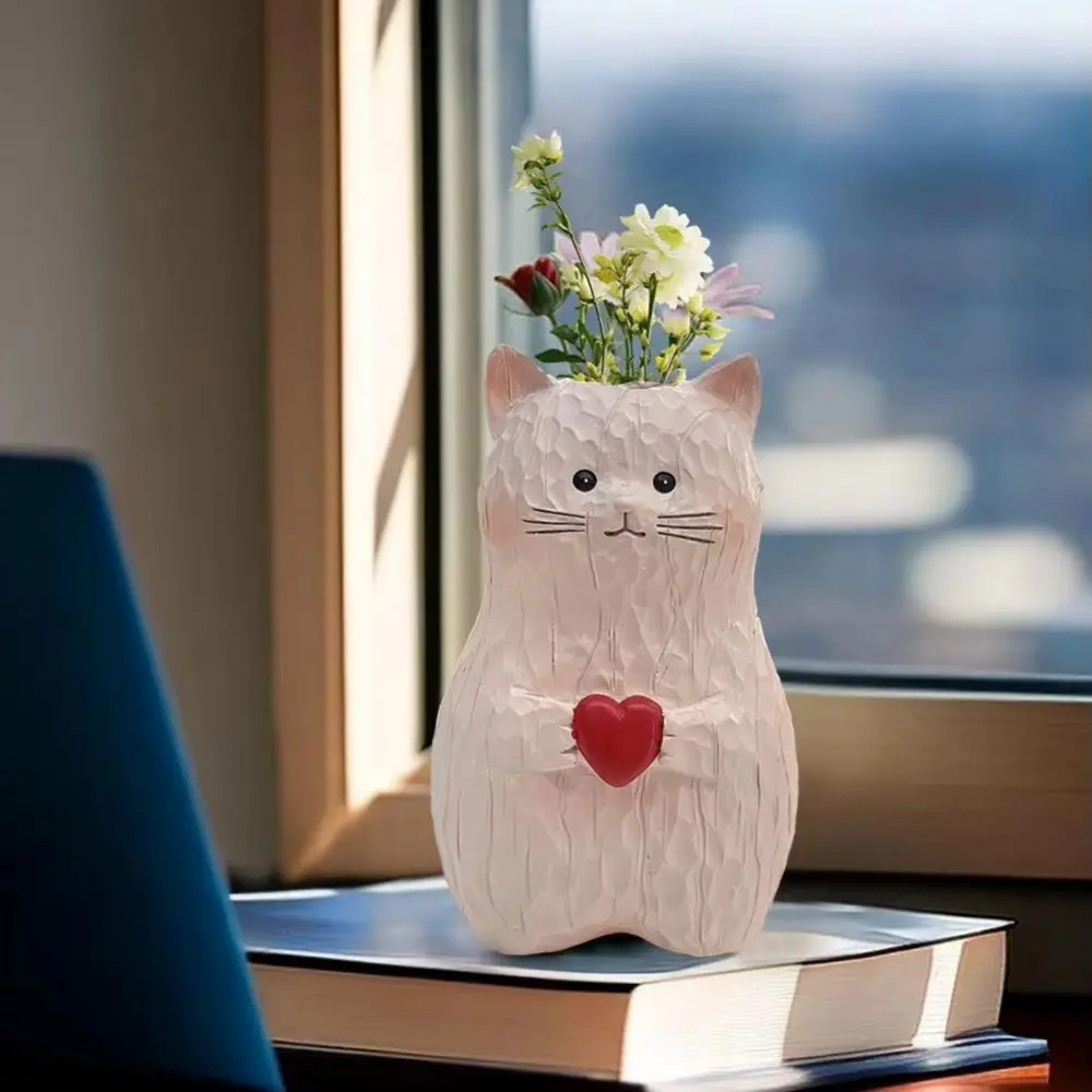 Durable Handmade Cat Vase Cute Cartoon Caring Cats Figurine Resin Flower Pot Living Room