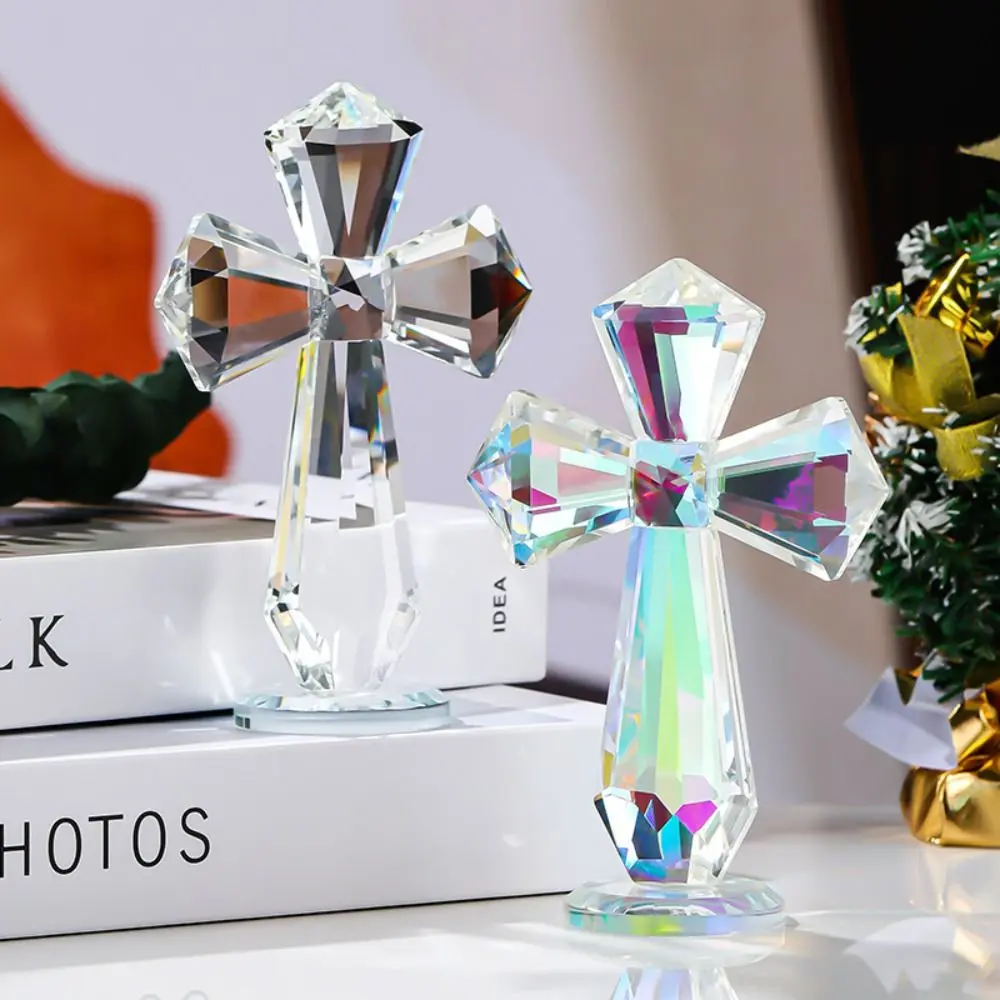 Hand-carved AB Color Crystal Cross Ornament Handmade Standing Christian Cross Crafts Exquisite Crosses Figurine Christian Decor